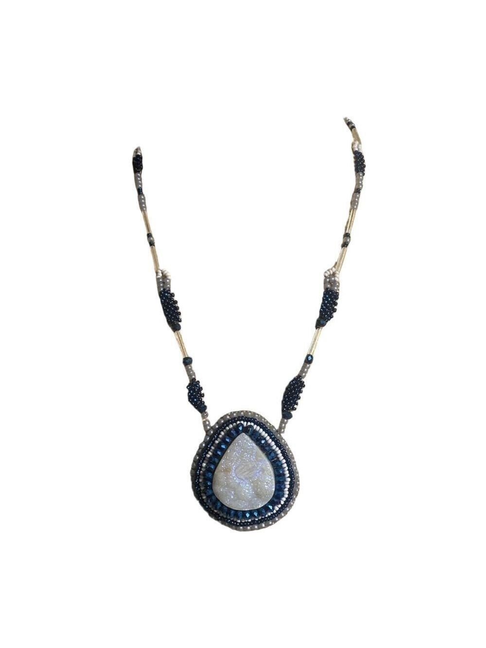 Handmade Blue & White Druzy Teardrop Seed Beaded Necklace